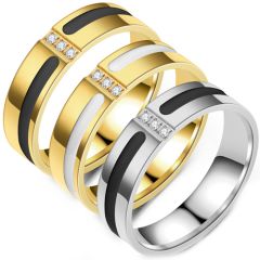 **COI Titanium Gold Tone/Silver Black/White Ceramic Ring With Cubic Zirconia-7625AA