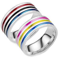 **COI Titanium Rainbow Color Triple Grooves Pipe Cut Flat Ring-7627AA