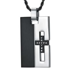 COI Titanium Black Silver Tag Pendant With Cross & Cubic Zirconia-7688AA
