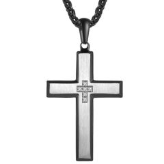 COI Titanium Black Silver Cross Pendant With Cubic Zirconia-7690AA