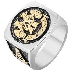 **COI Titanium Gold Tone Black Silver Masonic Freemason Ring-7700AA