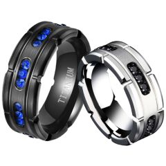 **COI Titanium Black/Silver Ring With Created Blue Sapphire/Black Cubic Zirconia-7741AA