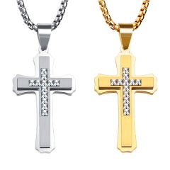 COI Titanium Gold Tone/Silver Cross Pendant Necklace With Princess Cut Cubic Zirconia-7745AA