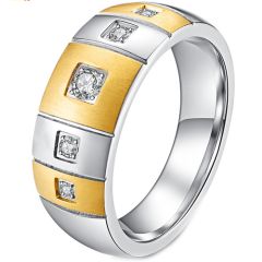 **COI Titanium Gold Tone Silver Grooves Ring With Cubic Zirconia-7764AA