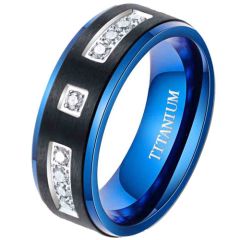 **COI Titanium Black Blue Step Edges Ring With Cubic Zirconia-7846AA