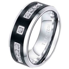 **COI Titanium Black Silver Step Edges Ring With Cubic Zirconia-7847AA