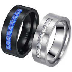 **COI Titanium Black/Silver Pipe Cut Flat Ring With Cubic Zirconia-7878AA