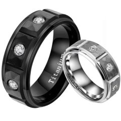 **COI Titanium Black/Silver Hammered Step Edges Ring With Cubic Zirconia-7887AA
