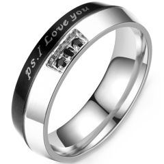 **COI Titanium Black Silver P.S. I Love You Ring With Cubic Zirconia-7890AA