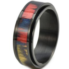 **COI Titanium Black/Gold Tone/Silver Step Edges Ring With Wood-7905AA