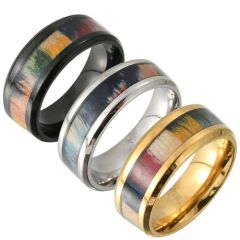 **COI Titanium Black/Gold Tone/Silver Beveled Edges Ring With Wood-7906AAA