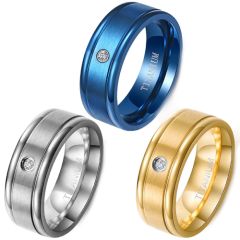 **COI Titanium Blue/Gold Tone/Silver Double Grooves Ring With Cubic Zirconia-7920AA
