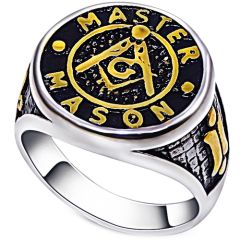 **COI Titanium Gold Tone Silver Masonic Freemason Ring-7936AA