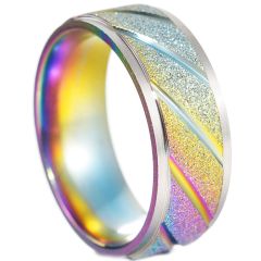 **COI Titanium Black/Gold Tone/Rainbow Color Silver Diagonal Grooves Step Edges Ring-7976