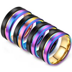 **COI Titanium Black Rainbow Color Center Groove Ring-8024