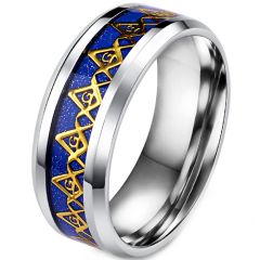 **COI Titanium Gold Tone Masonic Freemason Ring With Blue Meteorite-8079