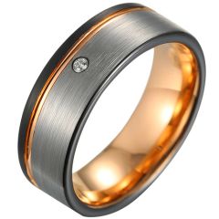 **COI Tungsten Carbide Rose Black Silver Offset Groove Ring With Cubic Zirconia-8082