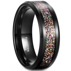 **COI Black Tungsten Carbide Rainbow Color Meteorite Beveled Edges Ring-8098