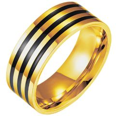 **COI Titanium Black Gold Tone Triple Grooves Pipe Cut Flat Ring-8108