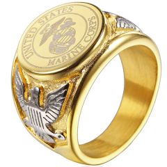 **COI Titanium Gold Tone Silver Marine Corp Signet Ring-8109