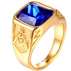 **COI Gold Tone Titanium Masonic Freemason Ring With Black Onyx/Created Blue Sapphire/Green Emerald/Red Ruby-8247