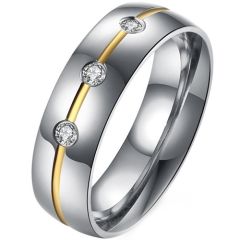 **COI Titanium Gold Tone Silver Center Groove Ring With Cubic Zirconia-8265