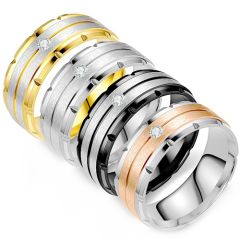 **COI Titanium Black/Gold Tone/Silver/Rose Silver Center Groove Tire Tread Ring With Cubic Zirconia-8299