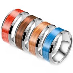 **COI Titanium Beveled Edges Ring With Orange/Dark Brown/Light Brown/Blue Wood-8314