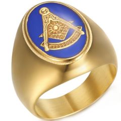 **COI Titanium Gold Tone Blue Masonic Freemason Ring-8324
