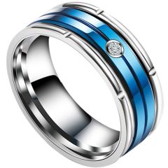 **COI Titanium Blue Silver Tire Tread Center Groove Ring With Cubic Zirconia-8361