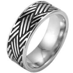 **COI Titanium Black Silver Grooves Ring-8396