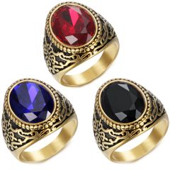 **COI Titanium Gold Tone Black Celtic Ring With Created Blue Sapphire/Red Ruby/Black Onyx-8402