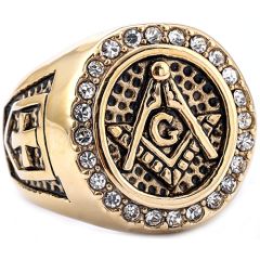 **COI  Titanium Gold Tone Black Masonic Freemason Ring With Cubic Zirconia-8414