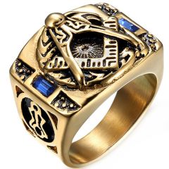 **COI Titanium Gold Tone Black Masonic Freemason Ring With Created Blue Sapphire-8440
