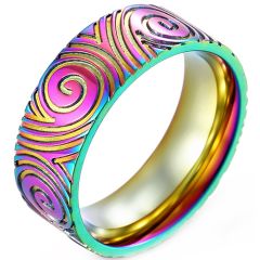 **COI Titanium Black/Silver/Rainbow Color Waves Grooves Ring-8454