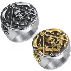 **COI Titanium Gold Tone/Silver Masonic Freemason Skull Ring-8557