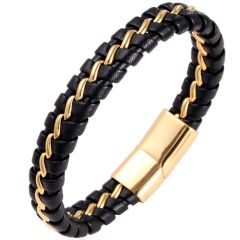 COI Gold Tone Titanium Black Leather Bracelet With Steel Clasp(Length: 8.26 inches)-8564