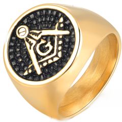 **COI Titanium Black Gold Tone Masonic Freemason Ring-8566