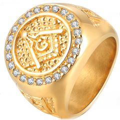 **COI Gold Tone Titanium Masonic Freemason Ring With Cubic Zirconia-8567