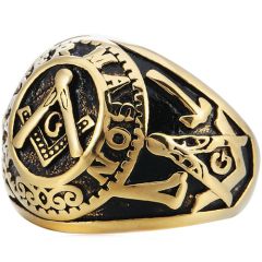 **COI Titanium Black Gold Tone Masonic Freemason Ring-8579