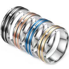 **COI Titanium Black/Blue/Rose/Gold Tone Silver Center Groove Step Edges Ring With Cubic Zirconia-8606