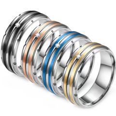 **COI Titanium Black/Blue/Rose/Gold Tone Silver Center Groove Step Edges Ring With Cubic Zirconia-8606