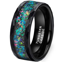 **COI Black Tungsten Carbide Hammered Ring With Crushed Opal-8622