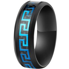 **COI Black Titanium Gold Tone/Blue/Green Greek Key Pattern Beveled Edges Ring-8625