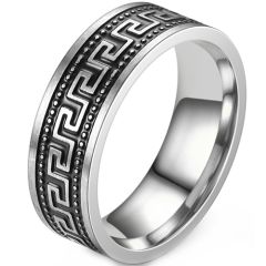 **COI Titanium Black Silver Greek Key Pattern Ring-8631