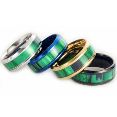 **COI Titanium Black/Gold Tone/Silver/Blue Beveled Edges Ring With Green Wood-8651AA