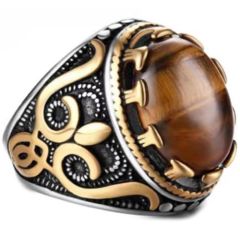 **COI Titanium Black Gold Tone Silver Ring With Tiger Eye-8674AA