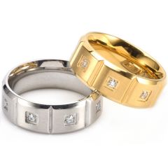 **COI Titanium Gold Tone/Silver Grooves Beveled Edges Ring With Cubic Zirconia-8681AA