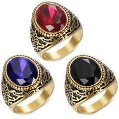 **COI Titanium Black Gold Tone Ring With Black Onyx/Created Blue Sapphire/Red Ruby-8721