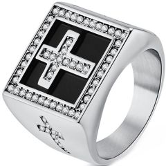 **COI Titanium Black Silver Cross Ring With Cubic Zirconia-8732